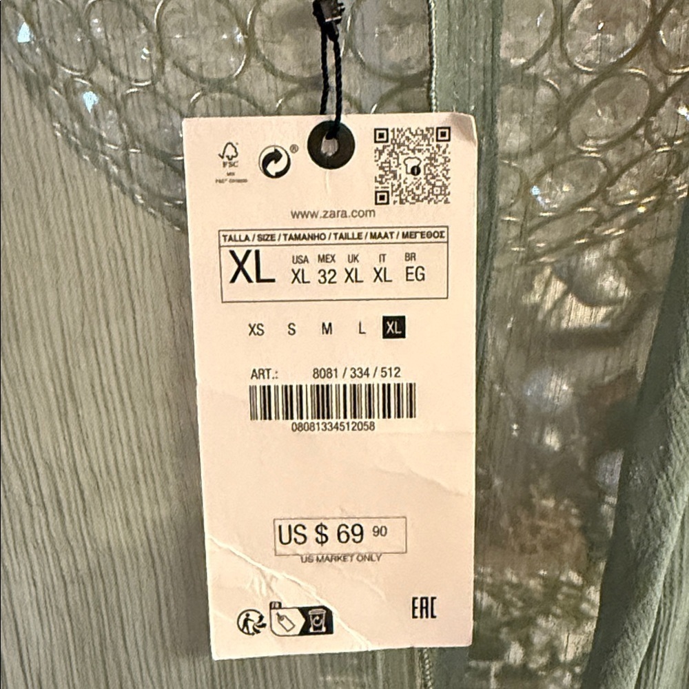Zara Light Green Sheer Tie Blouse XL NWT - Picture 3 of 5